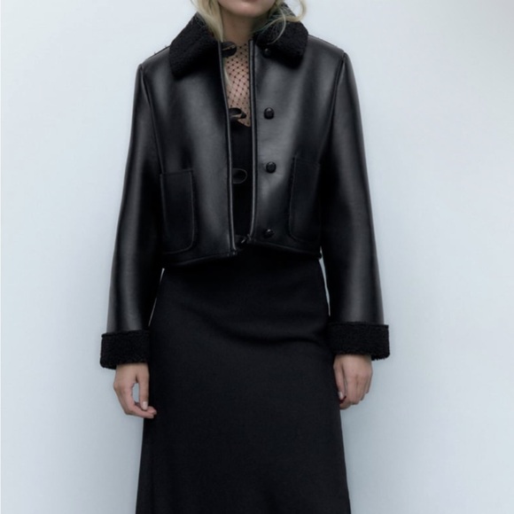 Zara Double Faced Leather Style and Sherpa Trim Jacket in Black - Picture 8 of 13